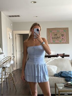Hollister Blue and White Stripes Strapless Skort Dress